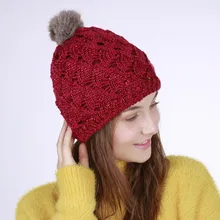 Теплая Лыжная Шапка, зимняя вязаная женская шапка с помпоном из меха кролика, модная теплая шапка для женщин