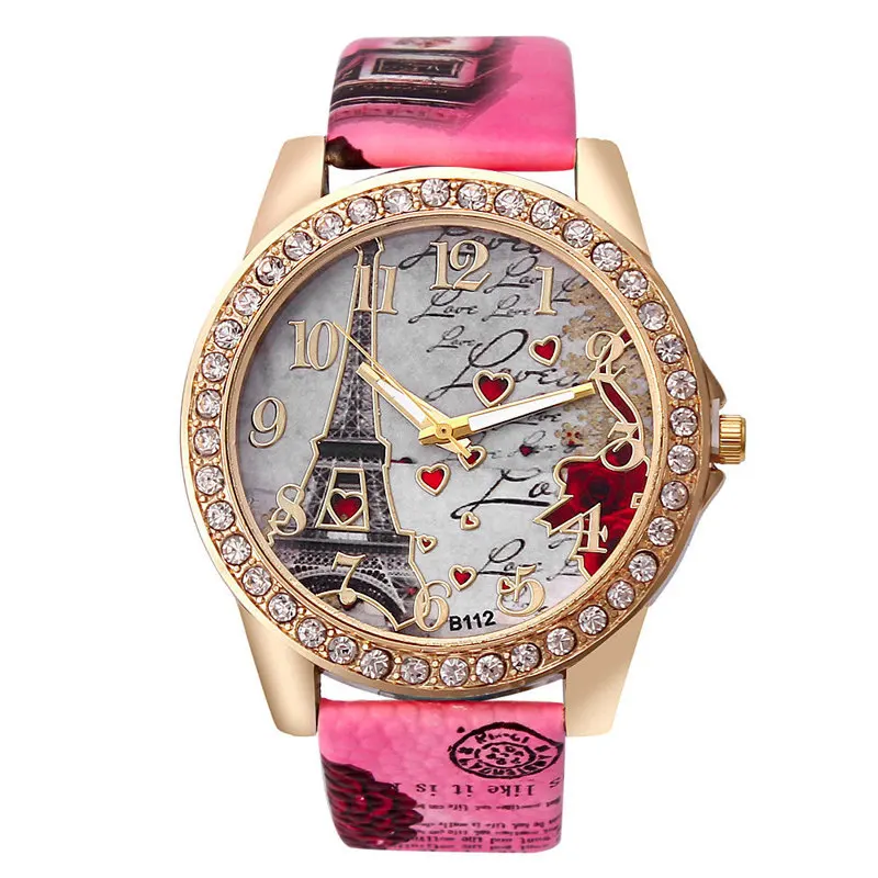Креативное моделирование Парижская башня Роза для женщин часы Досуг Роскошные Алмаз кожаный ремешок кварцевые наручные часы Relogio Feminino часы - Цвет: Pink