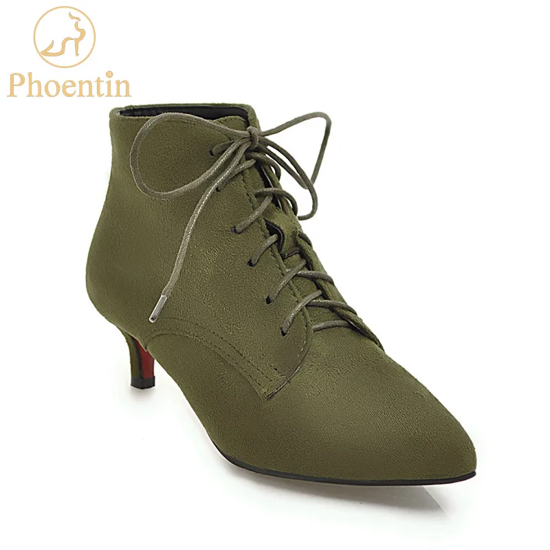 Женские ботинки на шнуровке цвета хаки г. Новая женская обувь больших размеров, женская обувь с острым носком на тонком среднем каблуке флок PHOENTIN PH061