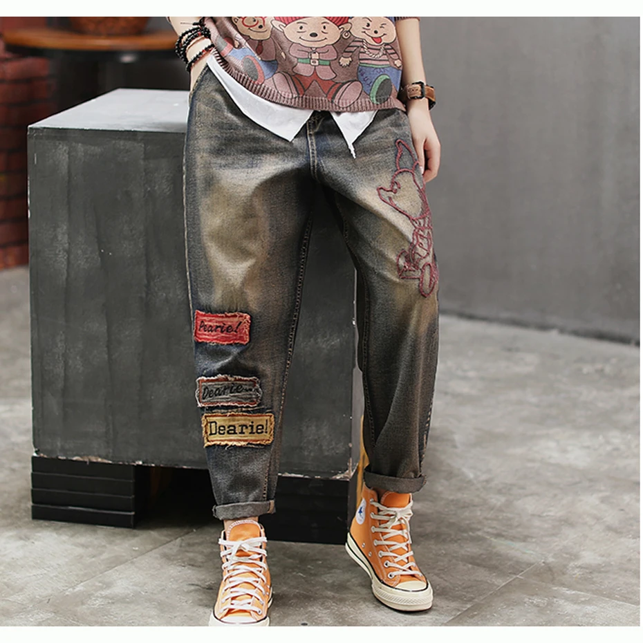 

Women Big Jeans Denim Pants Joggers Retro Vintage Fashion Casual Long Loose Oversized Embroidery Cartoon for Autumn AZ12243417