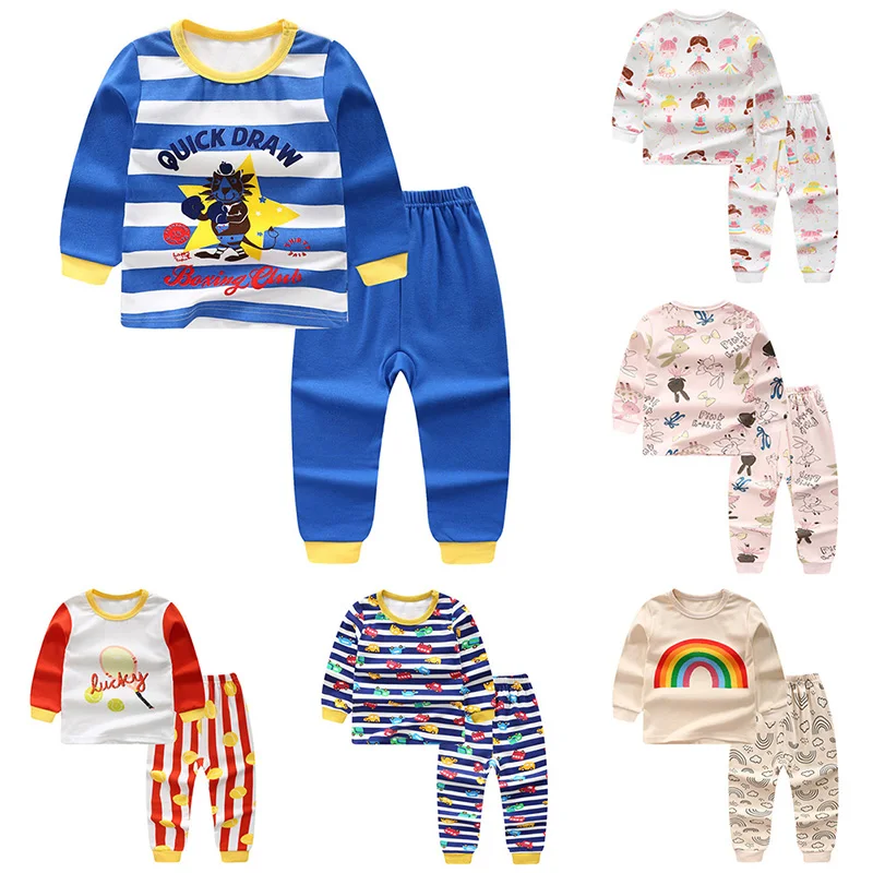 

Autumn Children Boys Girls Pajamas Cartoon Flower Printted Pattern Striped Round Collar Long Sleeve+Long Pants Sleepwear Home