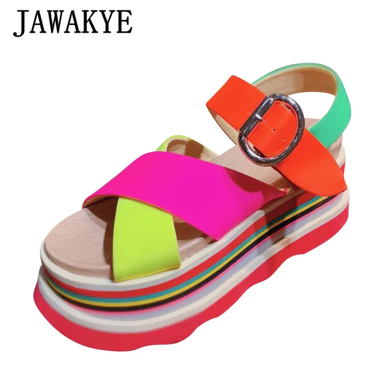 

Candy Color Platform Ladies Sandals Crossover Band Real Leather Wedge Heels Thick Bottom Buckle Strap Summer beach Shoes 2019