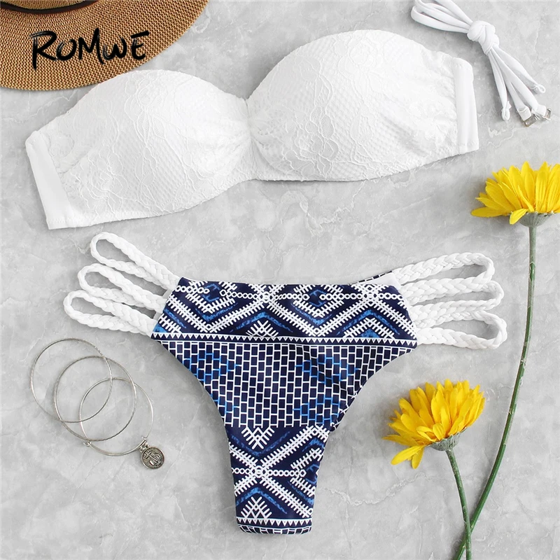 

Romwe Sport White Lace Overlay Push Up Bikinis Top With Ladder Cut Out Bottoms Sexy Thong Bikinis Set Women Beachwear Swimsuit