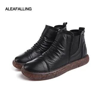 

Aleafalling Ankle Boots Hand-made Genuine Leather Woman Boots Round Toe Zip Open Shoes Female Footwear Cow Muscle Sole WBT165