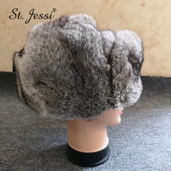 

ST. Jessi 2019 Fur Hat For Unisex Natural Rabbit Fur Russian Ushanka Bomber Hats Thick Warm Winter Hats Large Size