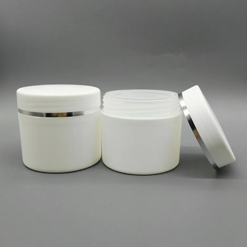 

Free shipping 10sets 100g 100ml PP White Double Wall Cosmetic Cream Jar, White Wide Mouth Jar with Silver Ring Cap.