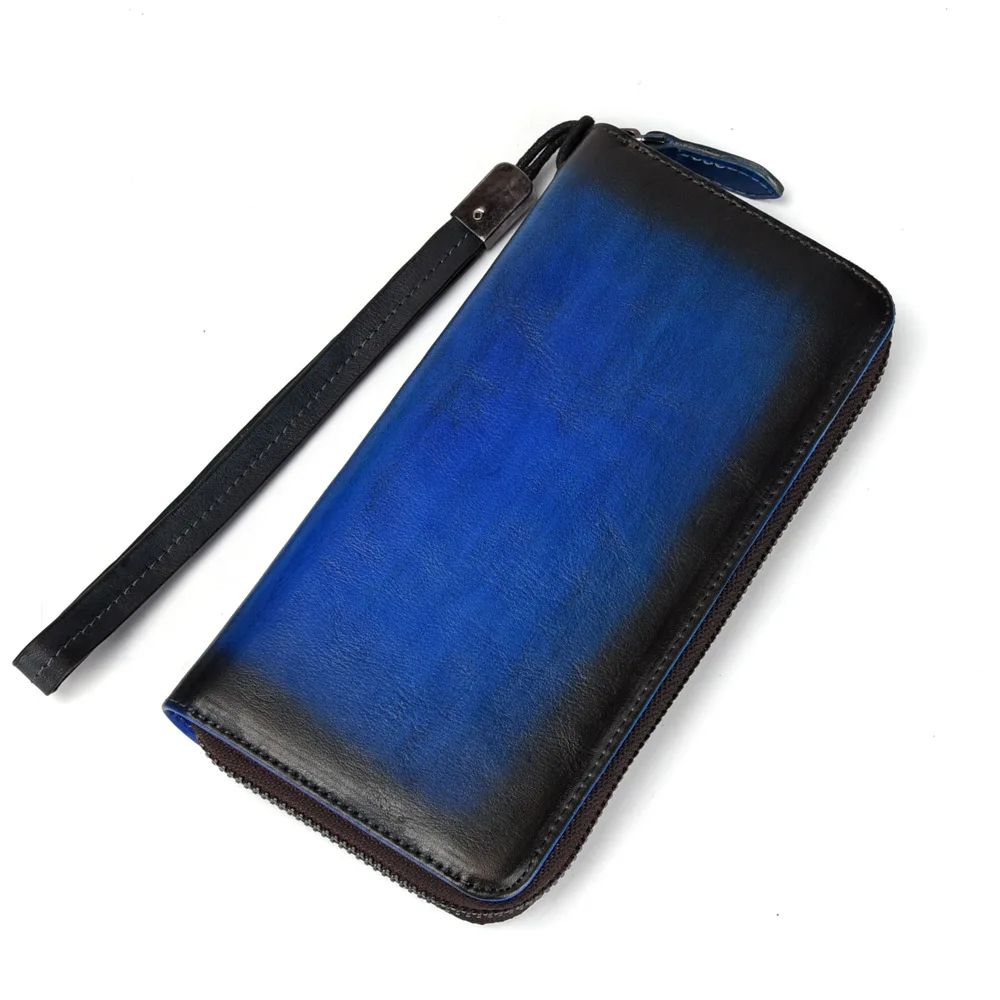 Genuine Leather Wrist Long Wallet ID/Credit Cards Multi-Capacity Retro Leisure High Quality Real Cowhide Women Clutch Handy Purs - Цвет: Blue