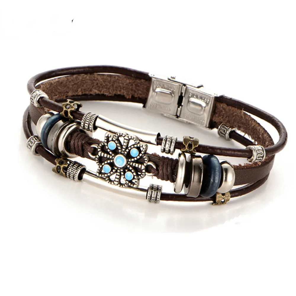 

2 Style Vintage Flower Bracelets & Bangle Boho Multiple Layers Leather Bracelet Handmade Female Punk Jewelry for Women Man