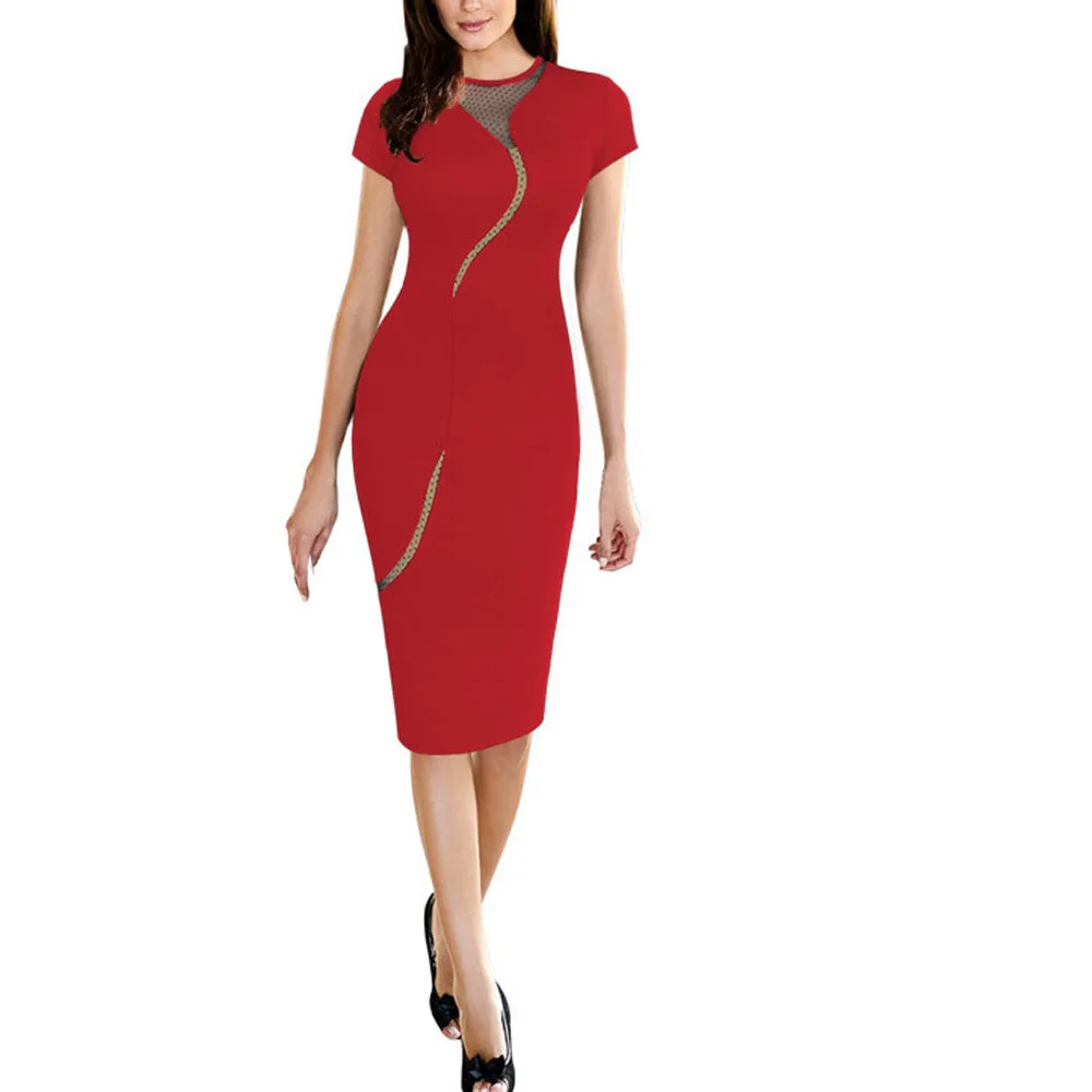 Joineles Work Office Dress Red Bodycon Dress Women Party Dress Round Neck Short Sleeves Mesh Patchwork Vestidos Black Club Dress