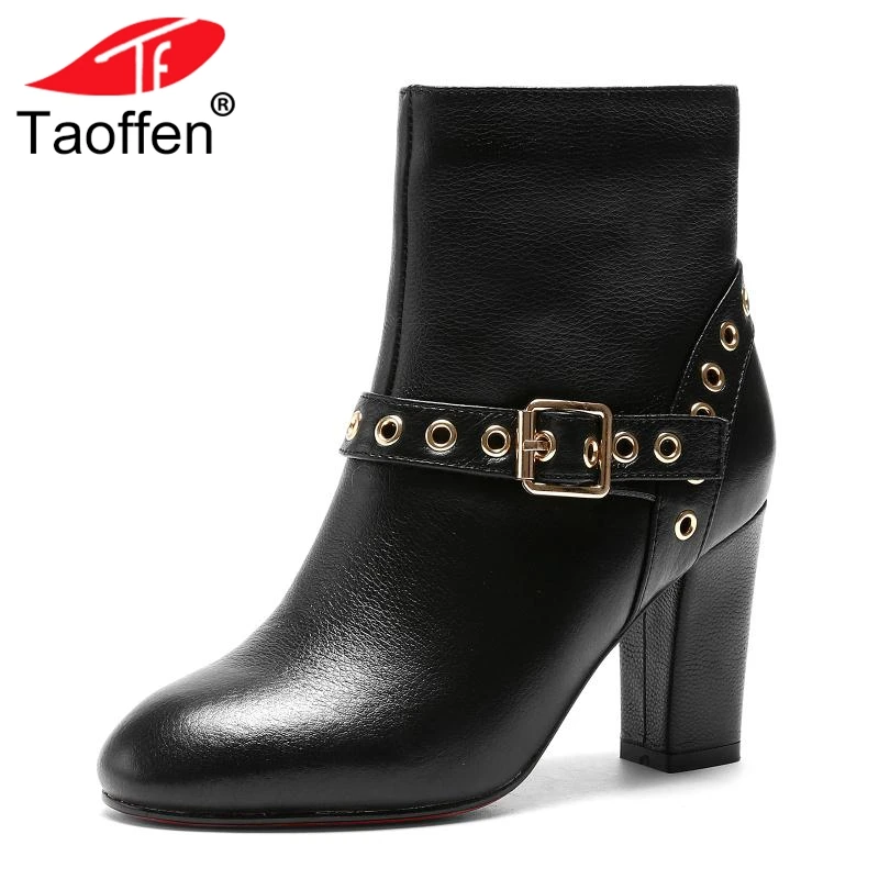 

TAOFFEN Women High Heels Ankle Boots Genuine Leather Shoes Zipper Warm Fur Shoes Woman Rivets Buckle Winter Boots Size 34-39