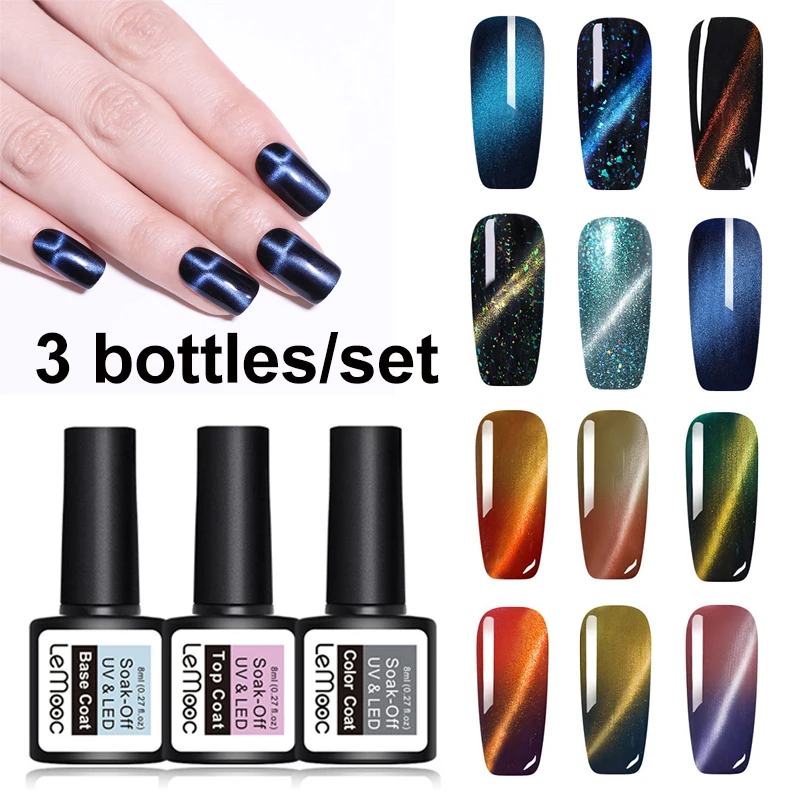 

Lemooc 3pcs/set Chameleon Magnet Gel Polish 3D Cat Eyes Set UV Nail Polish Soak Off Long Lasting Led Gel Nail Varnish