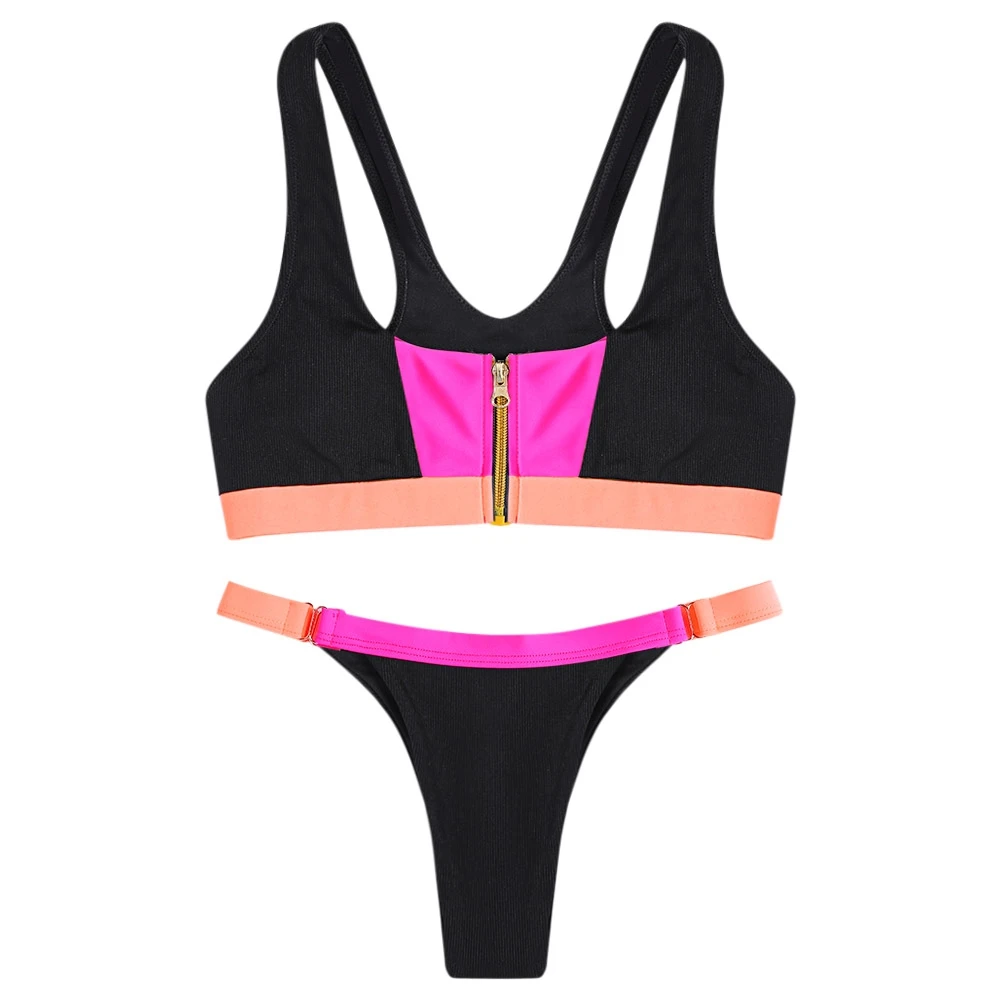 

Sports swimming Wear Zipper Front Crop Top Colors Patchwork Low Waist Women Bikini Set Two Pieces Swimsuit