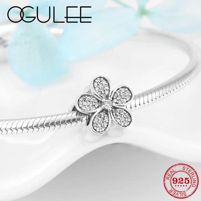 

2019 925 Sterling Silver Spring flower crystal clear CZ beads DIY Fine Jewelry Fit Original Pandora Charm Bracelet for Women