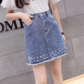 

2018 New Women Basic Blue Denim Skirt Female Fashion Beading Mini Summer Skirts Woman A-Line Casual Short Skirt