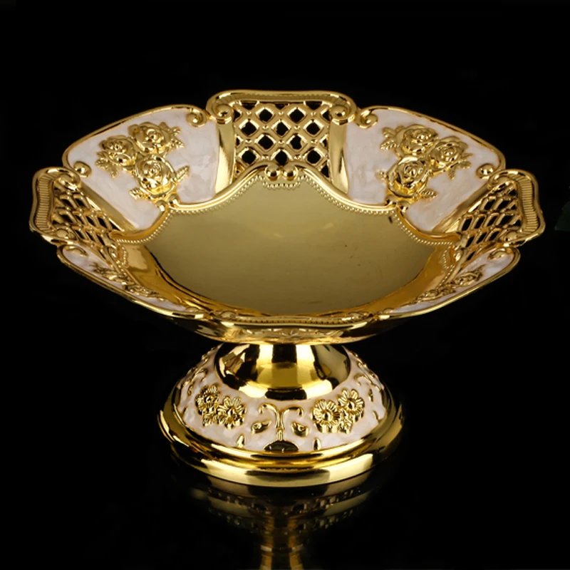 

European Rose Flower Design Home Table Decor Gold Plating with White Hand Enameled Round Footed Display Metal Fruit Bowl Tray 7"