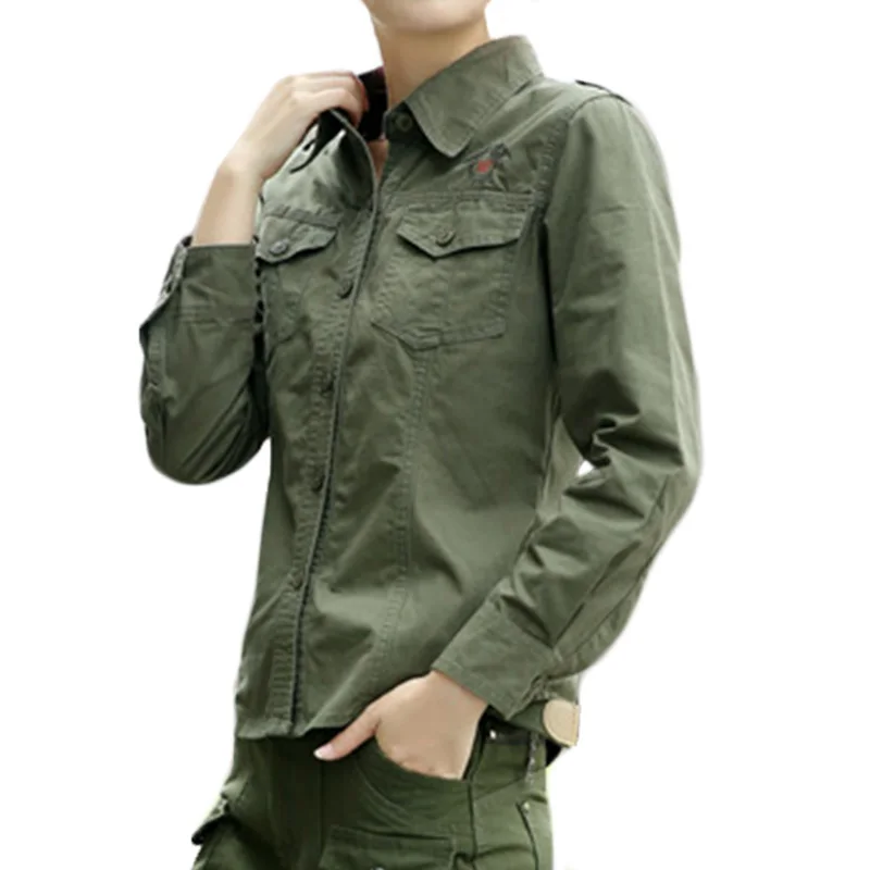 Женская армейская зеленая рубашка с погонами в стиле милитари с длинным рукавом и отложным воротником, женские повседневные рубашки с вышивкой, армейская рубашка