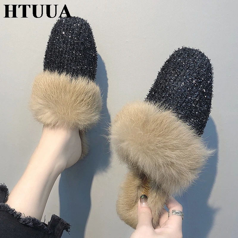 

HTUUA Winter Fluffy Fur Slippers Women Black Shiny Slip On Mules Flat Shoes Casual Outdoor Indoor Plush Home Slipper SX1814