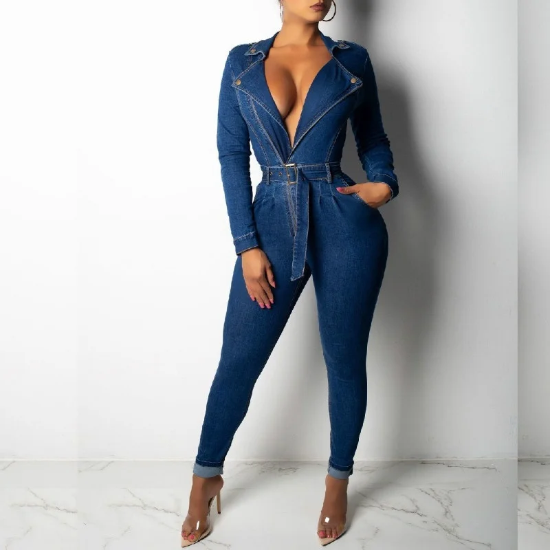 Women's Fashion New V Neck Notched Neck with Zip High Waist Belt Denim pencil Long Jumpsuit Fashion Casual Romper Playsuit S-2XL Women's Fashion New V Neck Notched Neck with Zip High Waist Belt Denim pencil Long Jumpsuit Fashion Casual Romper Playsuit S-2XL