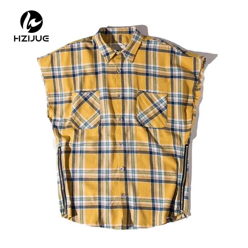 

Side Zipper Plaid Flannel Shirt Men Sleeveless 2017Summer Oversize Hip Hop Shirts Plus Size Blue Shirt Men Justin Bieber Clothes