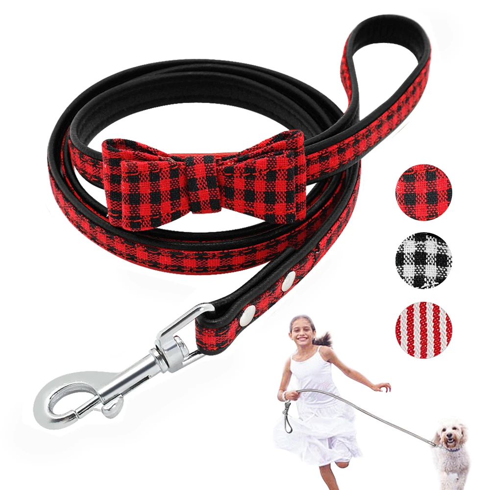 

Bowknot Pet Dog Leashes Plaid Leather Padded Puppy Dog Walking Leash Striped Lattice Bowktie Pet Cat Lead Rope Running Strap