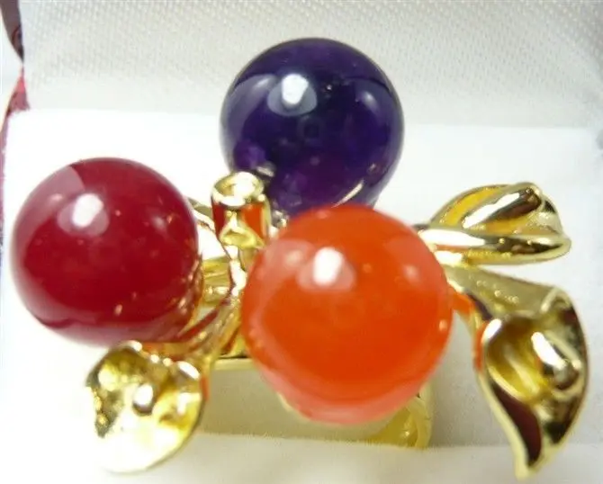 

FREE SHIPPING>>>@@ perfect matched 8mm mixed color red orange and purple jade18KGP flower ring#7.8.9 #