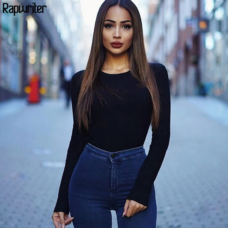 

Rapwriter Casual Solid Color O-Neck Sexy Black Bodysuits Women 2018 Fall Winter Keep Warm Long Sleeve Bodycon Stretch Bodysuit