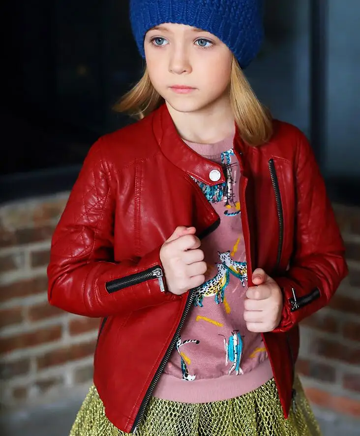 Hot Spring Autumn Junior Girls Leather Moto Jackets Baby PU Coat