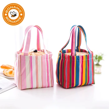 

BONAMIE Lunch Bags For Women Stripe Pattern Insulated Cold Canvas Drawstring Picnic Carry Case Thermal Portable Lunch Bag