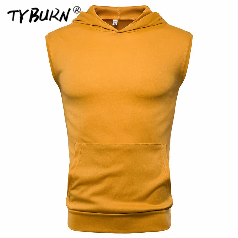 

TYBURN Men Fitness Hoodies Tank Tops Sleeveless Bodybuilding Pocket Tee Shirt Fashion Male Workout Hooded Vest Sportswear