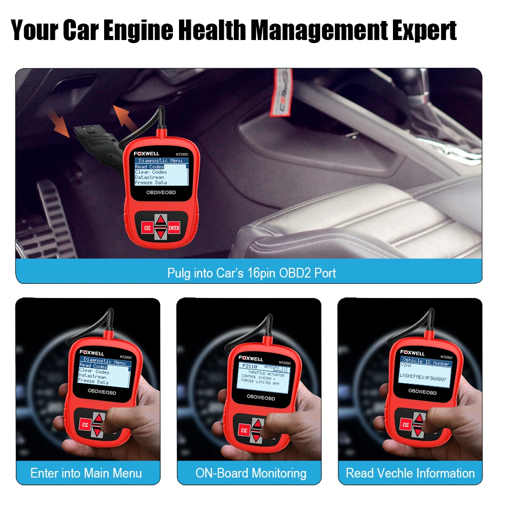 FOXWELL двигателя Code Reader Сенсор стоп кадр OBDII инструмент диагностики NT200C OBD2