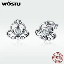 WOSTU, 925 пробы, серебряные серьги-гвоздики с сияющим сердцем и короной принцессы для женщин, вечерние, свадебные, модные серебряные ювелирные изделия, DXE420