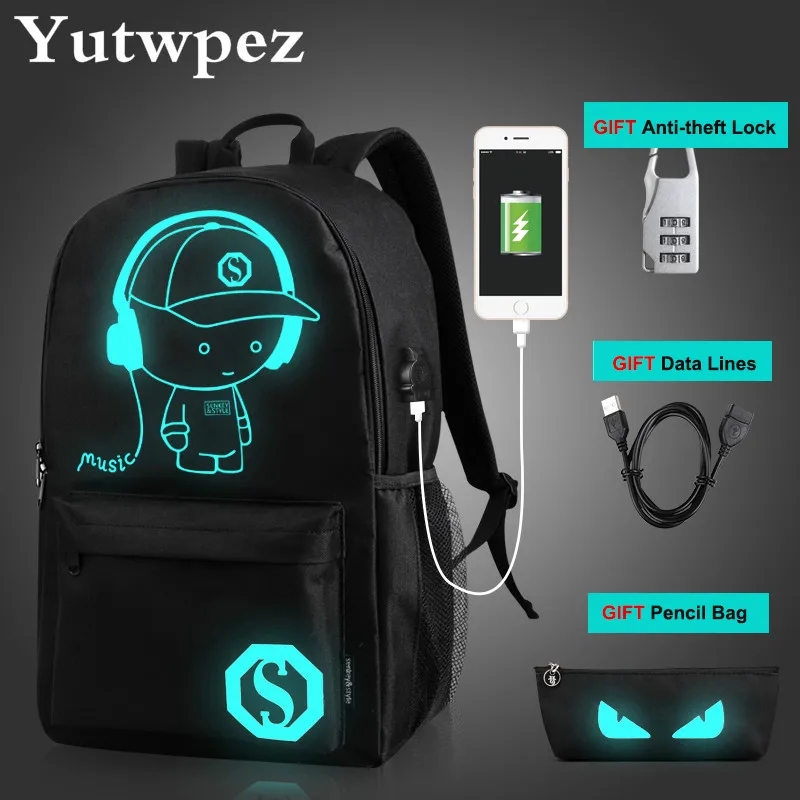 

Luminous Backpacks Anti-theft Nightlight School Bags USB Charging Men Mochila Fashion Anime Cartoon Student School Backpack 2019
