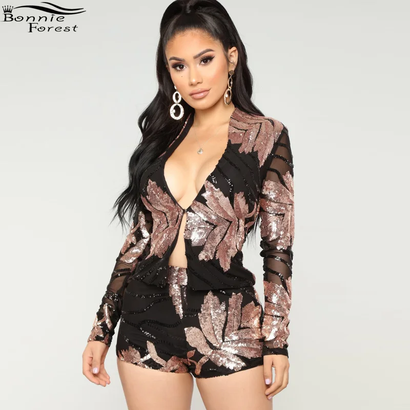 

Bonnie Forest Sexy Sequin Detail Black Two Pieces Set 2019 Spring New Long Sleeve Jacket And Back Zipper Shorts 2 Piece Set