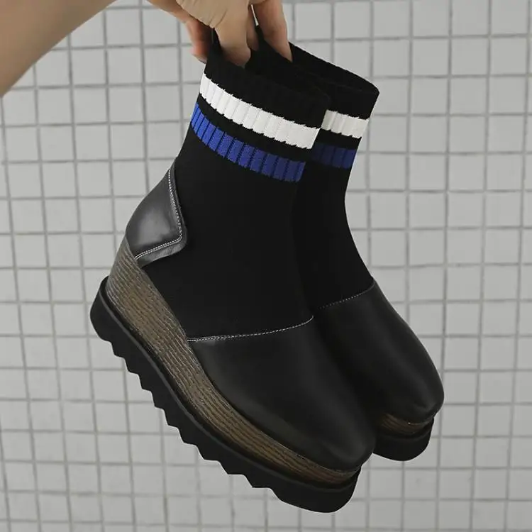 

Brand Stripe Pattern Women Ankle Boots Wedges Women Shoes Sock Boot Platform Flatform Short Booties Square Toe Height Increasing