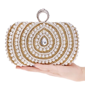 

Hot Selling 2018 Small Peal Women Clutches Crystals Evening Bag For Women's Gold Black Clutch Fashion Wedding Party Clutch