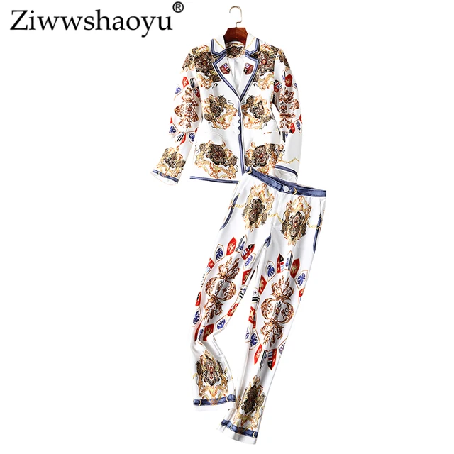 Cheap Ziwwshaoyu Vintage Print Slim Set Turn-down Collar fashion temperament Two-piece suit 2018 autumn and winter new women Cheap Ziwwshaoyu Vintage Print Slim Set Turn-down Collar fashion temperament Two-piece suit 2018 autumn and winter new women
