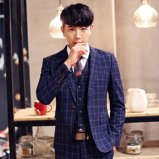 Korean Style Men Dress Suits Blazer Vest Wedding Groom Suit Tuxedo
