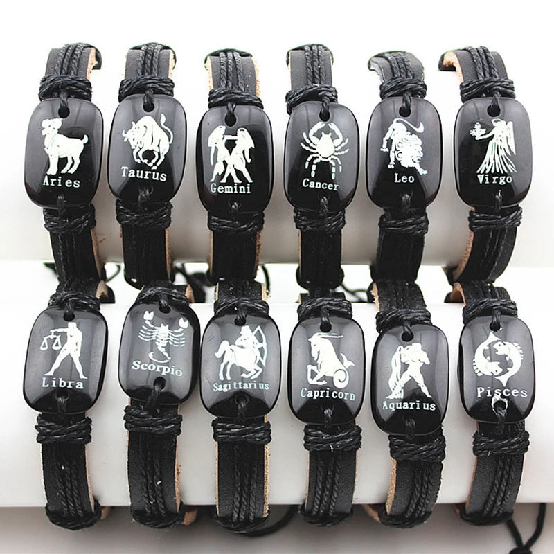 

12pcs/lot Leather Zodiac Bracelet Men Constellations Bracelet Women 12 Zodiac Horoscope Signs Bracelets Male Bracelets & Bangles