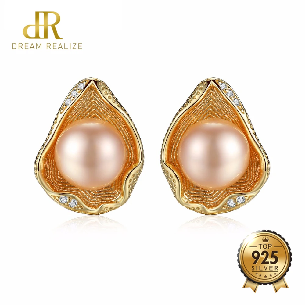 

DR Charm 18k Gold Color Shell Design Real 925 Sterling Silver Freshwater Pearl Stud Earrings for Women Fashion Wedding Jewelry