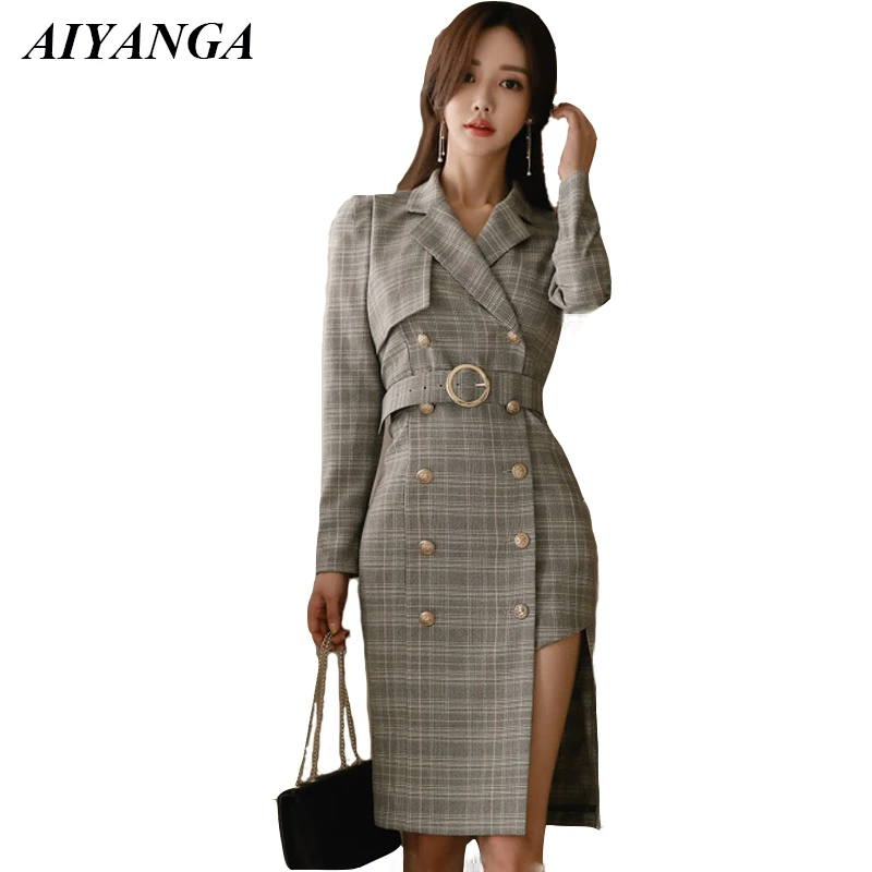 OL alta calidad Blazers Vestidos Mujer otoño 2018 elegante Oficina señora Vestido de manga larga a cuadros paquete vestidos cadera con fajas| Vestidos| - AliExpress