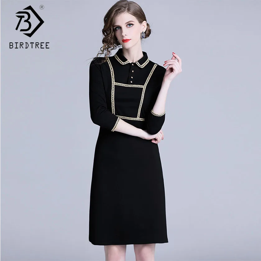 

New Spring Women Patchwork Button Zippers Dress Turn Down Collar 3/4 Sleeve Elegance High Waist Office Lady Dress D91638I