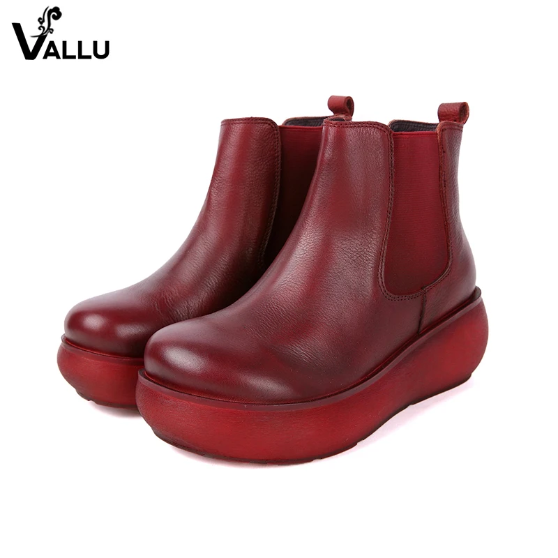 

2018 VALLU Round Toes Ankle Boots Women Shoes Genuine Leather Round Toes Elastic Ladies Flat Platform Boots