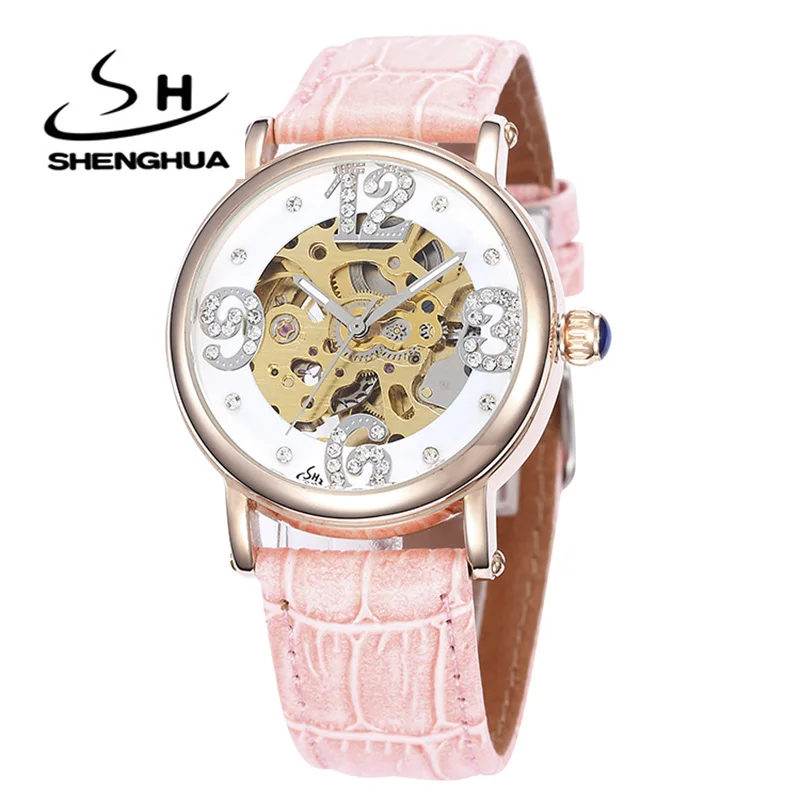 SHENHUA SH Брендовые женские механические часы розовое золото корпус автоматические самоветер механические наручные часы со скелетами для женщин дамы - Цвет: Розовый