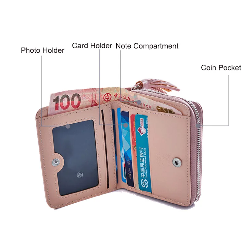 Модный розовый короткий женский кошелек с кисточками, маленький мини-кошелек, Женский кредитный держатель для карт, кошелек для монет из искусственной кожи на молнии, женские кошельки