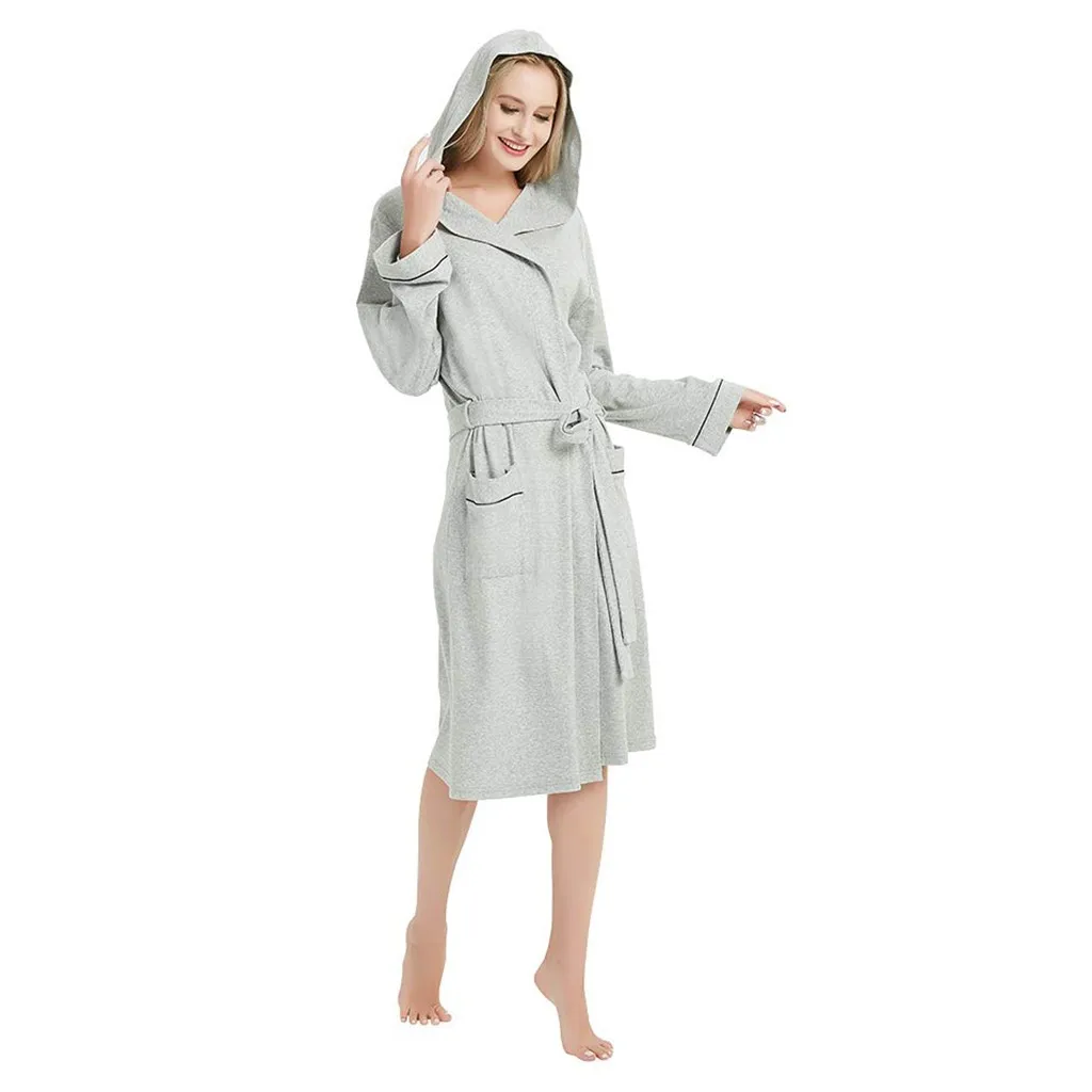 Plus Size Women long Bathrobe Cotton blends Hooded V-neck Lightweight With Belt Ladies Sleepwear Solid Bathrobe batas de seda
