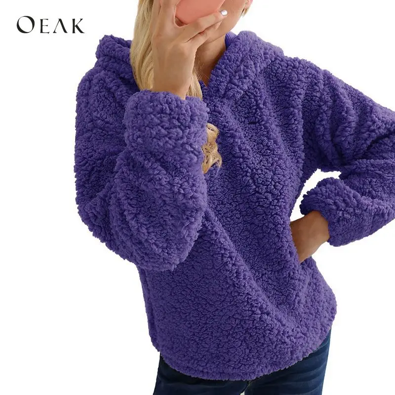 

OEAK 2018 Women Fleece Fluffy Fur Hoodie Sweatshirt Casual Soft Hooded Pullover Female Autumn Winter Warm Teddy Jumper Coat Tops