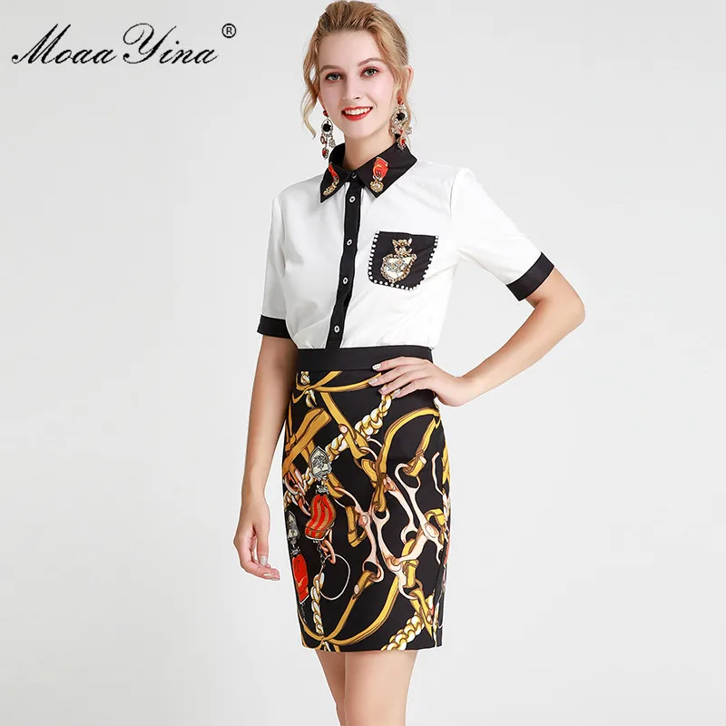 

MoaaYina Fashion Designer Set Spring Summer Women Short sleeve Beading Shirt Tops+Stripe Print Short skirt Two-piece suit