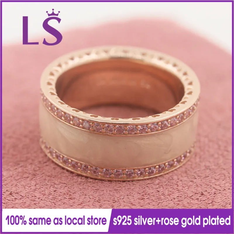 

LS High Quality Real Rose G.old 925 Sterling SilverHearts of PRing, Ream Enamel For Women DIY Fashion Rings 100% Fine Jewelry N