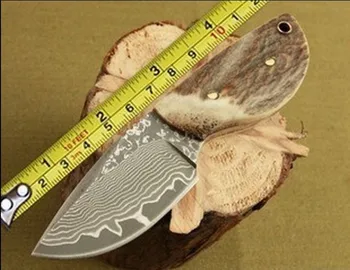 

Damascus small knife antlers gift tool , pretty cute gift for friend pocket knife