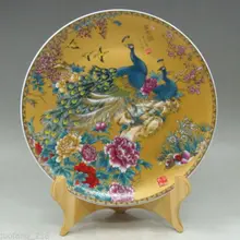Китайский семейный розовый фарфор благородная Живопись 2 Феникс Цветочная тарелка и база